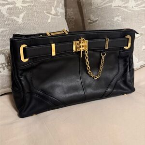 Rachel Zoe large black leather clutch bag with gold tone accents